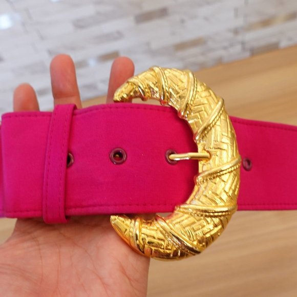 VINTAGE‎ Belt Womens XS Pink Fabric Cinch Waist Fashion Chunky Gold Buckle Y2K - Picture 4 of 11